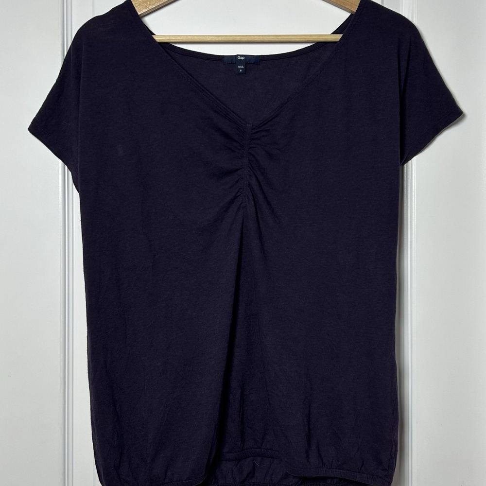 Gap Cotton Modal Blend Dark Navy Blue Ruched V-Neck Cap Sleeve Banded Hem Top